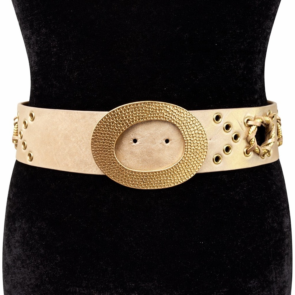 Chico's Womens Leather‎ Belt One Size Metallic Gold Hammered Buckle Adjustable
